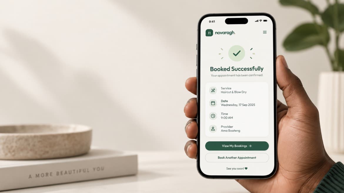 A customer holding a phone showing a confirmed Novara booking